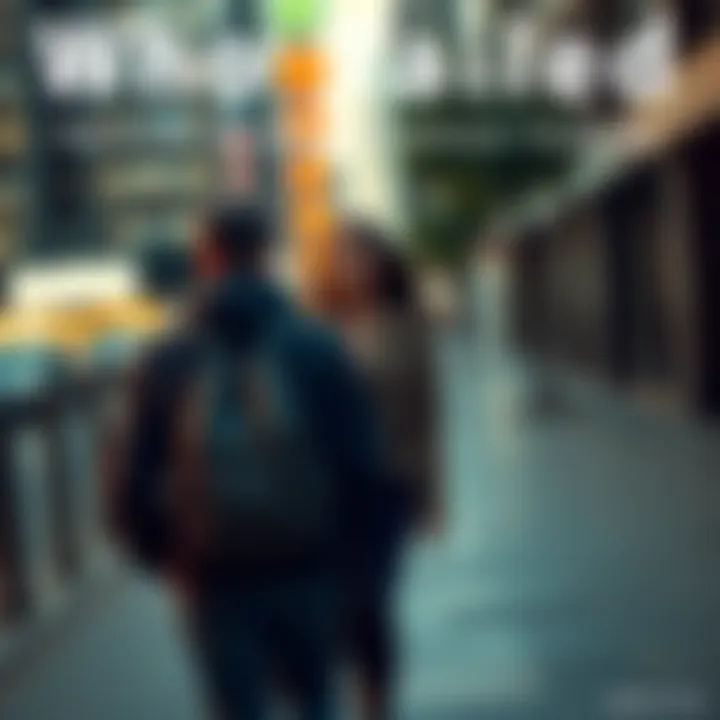 People following one another Two people walking closely together, one appearing to follow the other, in an urban setting