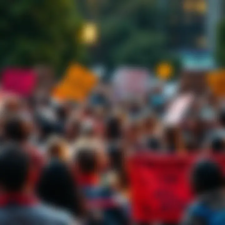A diverse group of people coming together outdoors, holding signs and banners, showing enthusiasm and support for an important cause, ready to take action this Thursday.