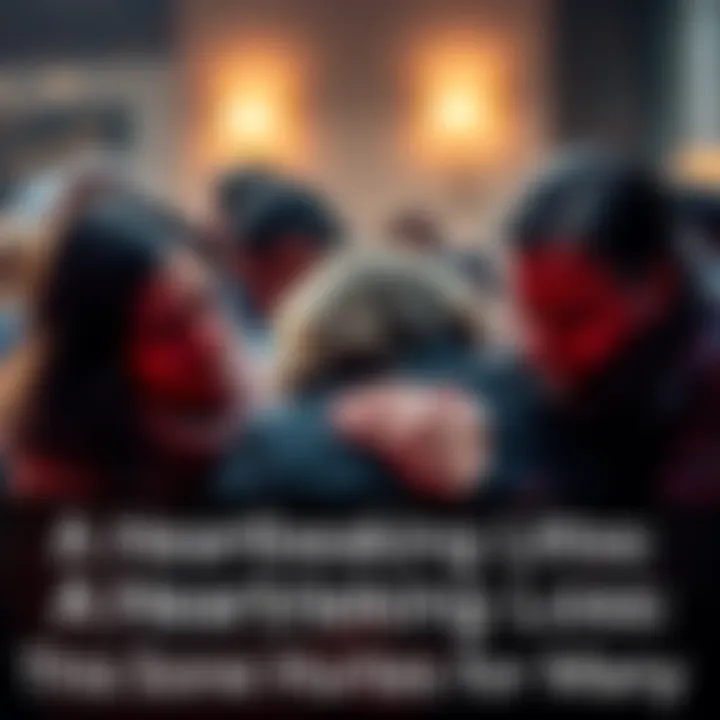 A group of people embracing, sharing their sadness in a moment of loss, with teary eyes and somber expressions.