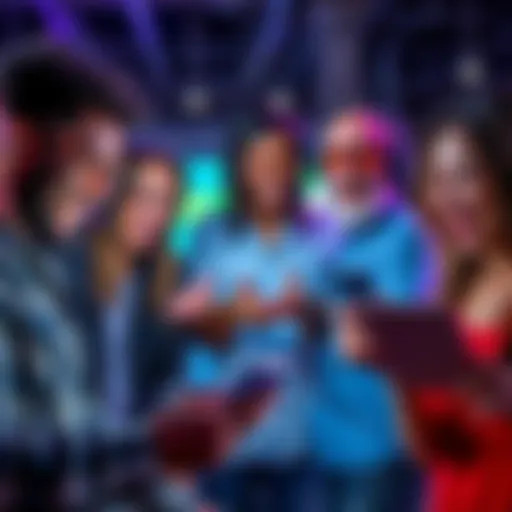 A group of diverse people sharing laughs while looking at their devices, reacting to low online gaming payouts from Stake.