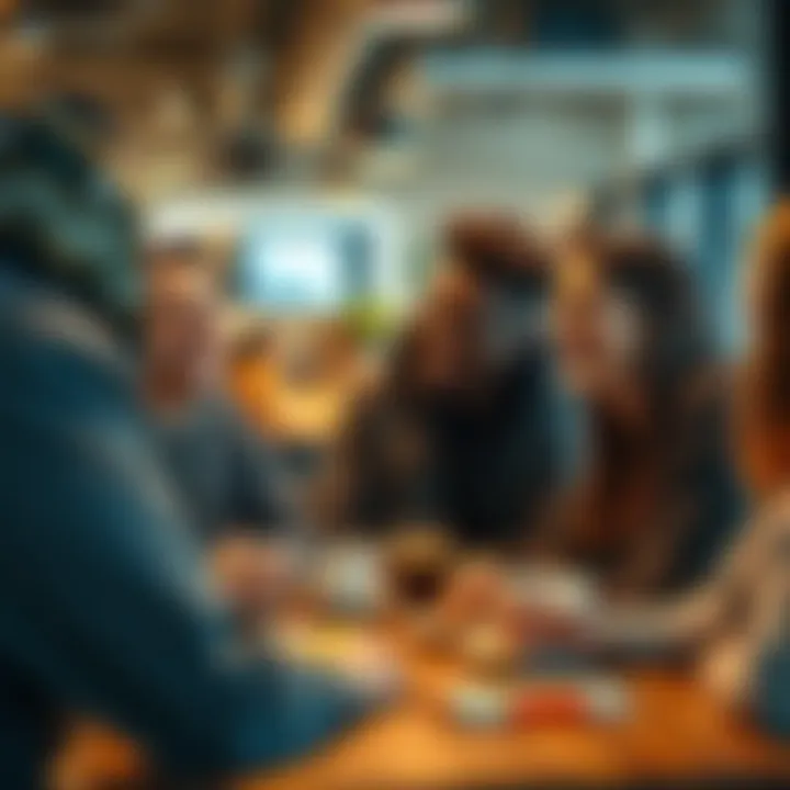 A group of friends sharing a lighthearted moment, laughing around a table with coffee and snacks.