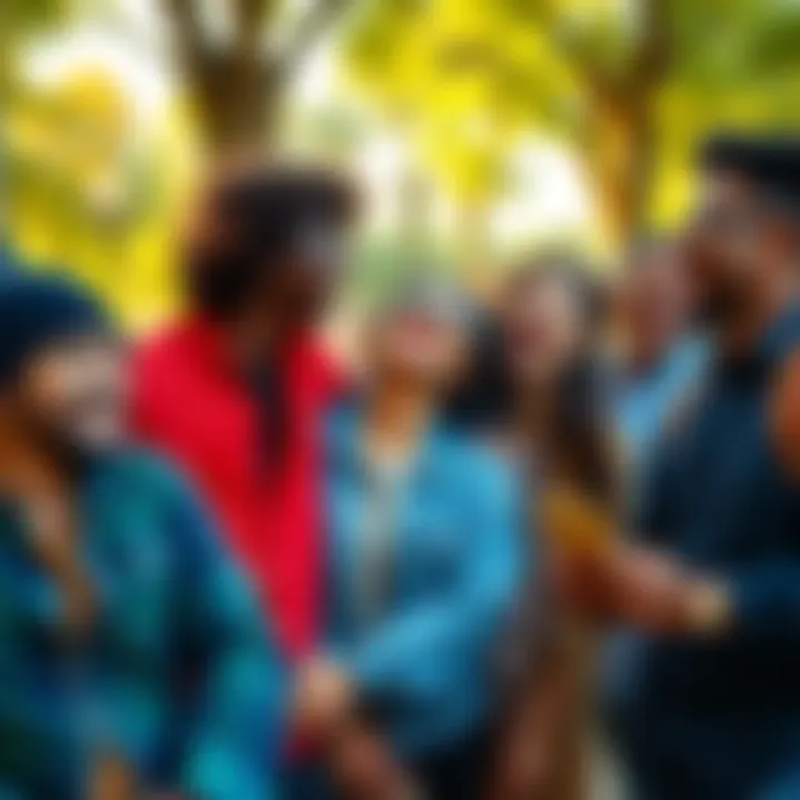 People laughing together A diverse group of people sharing laughter in a park setting, enjoying each other's company and building connections through humor.