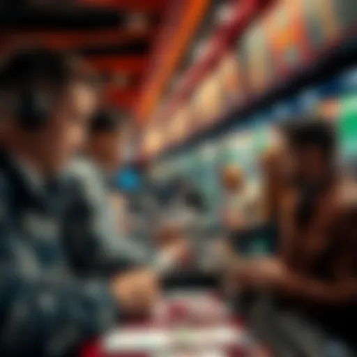 A group of people placing bets at a betting counter with a focus on cash and betting slips