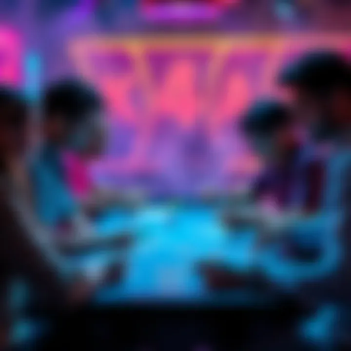 People playing a guessing game A group of people engaged in a lively guessing game, showcasing excitement and interaction around a table with game pieces and cards.