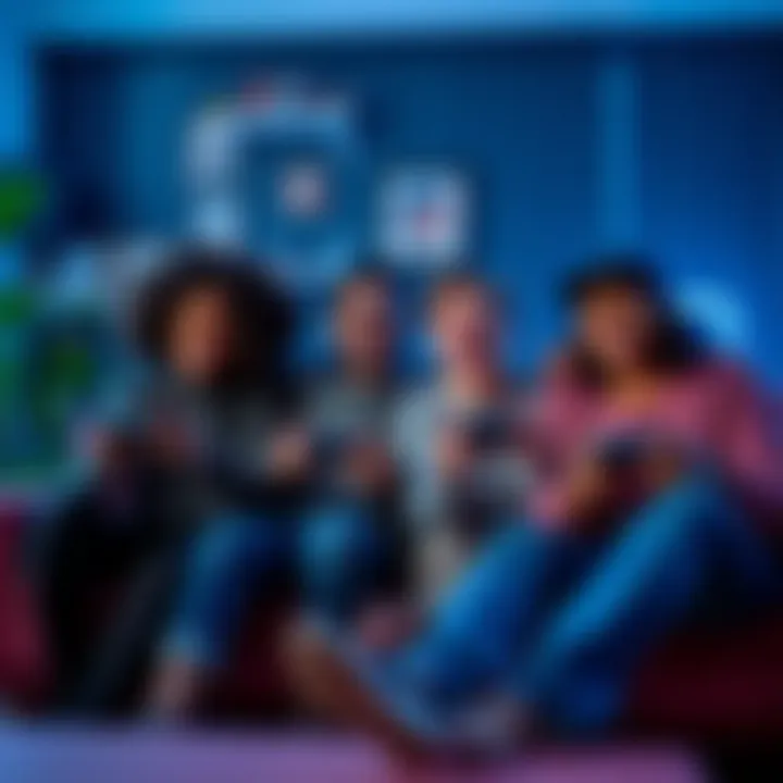 A diverse group of friends enjoying video games on a couch, sharing laughter and excitement, with game controllers in hand.
