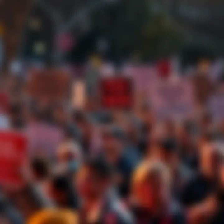 Crowd of people holding signs and expressing frustration during a protest in 2025