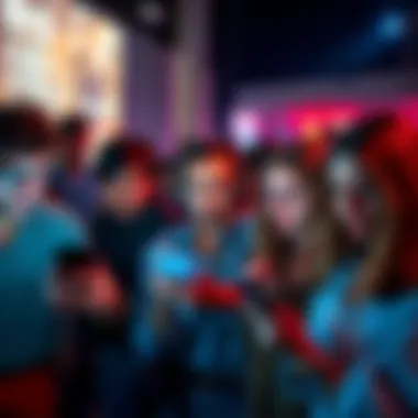 A group of people looking at their phones with surprised expressions as they read comments online about a viral moment