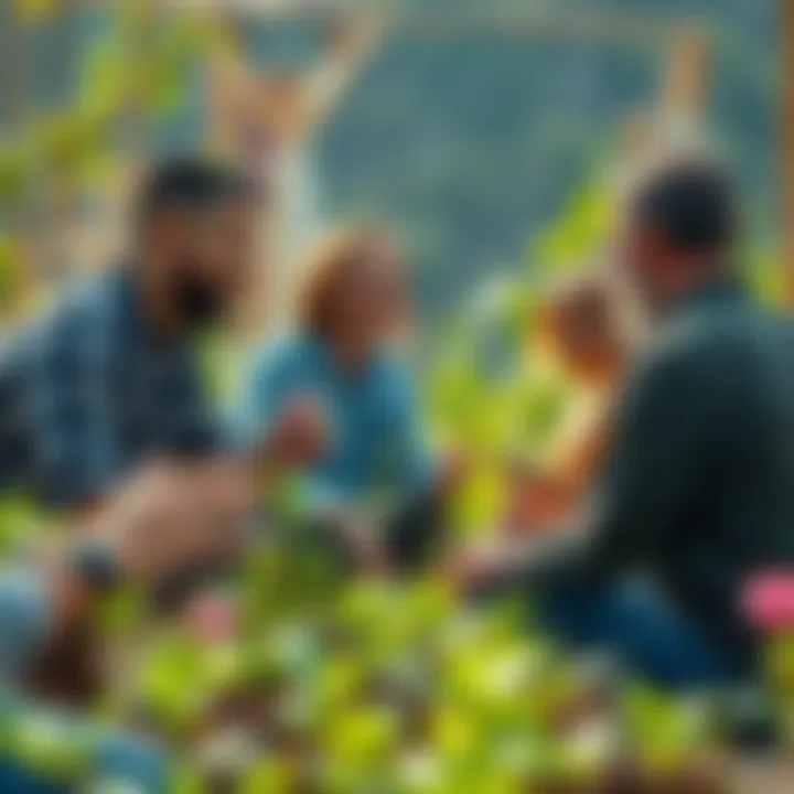 Group of people engaged in a seed journey, discussing challenges and experiences, surrounded by plants and nature.