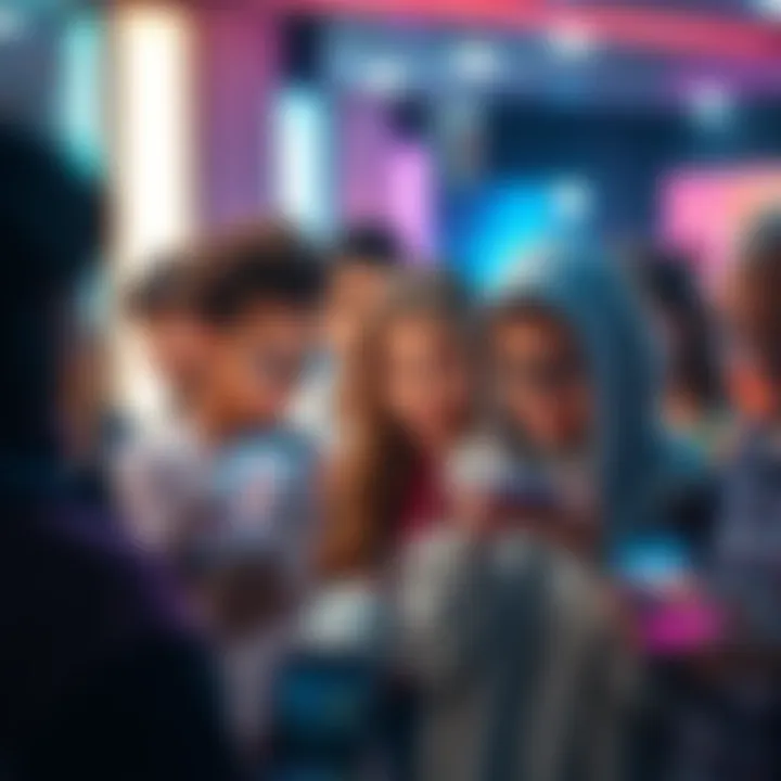 A diverse group of people engaged in sharing relatable posts on their phones, expressing emotions through their screens.