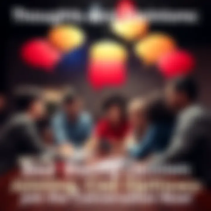 A group of diverse people discussing ideas and sharing opinions around a table with conversation bubbles above them.