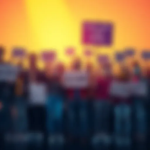A diverse group of people standing together, holding signs that promote unity and awareness against scam picks, showing determination and hope.
