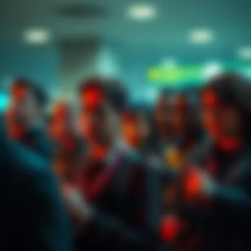 A group of anxious people looking at their watches, worried about receiving monthly payments amid a tense atmosphere