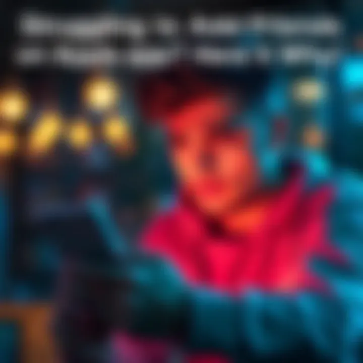 A frustrated person looking at their phone while trying to connect with friends on a popular app