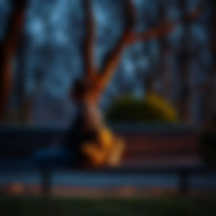 A person reflecting on their feelings while sitting on a park bench, surrounded by trees