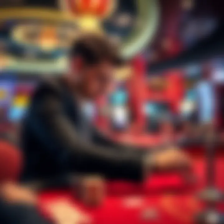 Person placing a bet at a gambling table A focused individual placing a bet at a crowded gambling table, showing signs of determination despite previous losses.