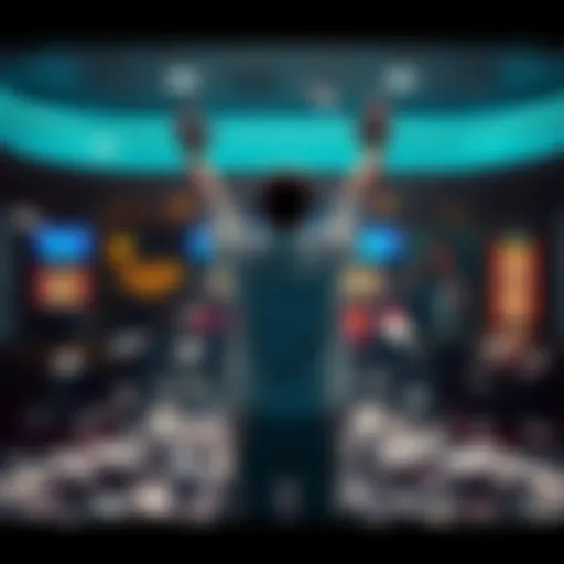 A person standing strong with hands raised in victory, symbolizing freedom from gambling addiction, surrounded by discarded playing cards and chips.