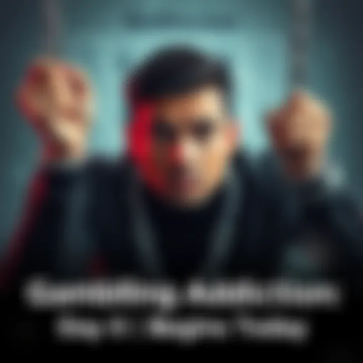 Person Breaking Free from Gambling Individual looking determined while breaking free from chains representing gambling addiction, with a supportive background of tools for recovery like BetBlocker.
