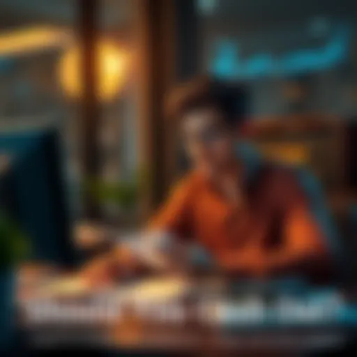 A person sitting at a desk, looking at financial documents with a calculator, contemplating cashing out their investments
