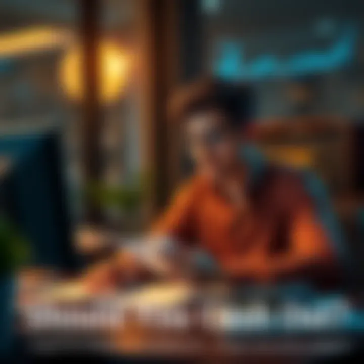 Person considering cashing out A person sitting at a desk, looking at financial documents with a calculator, contemplating cashing out their investments