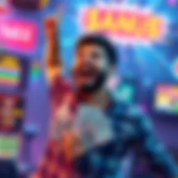 A person joyfully holding cash with a gaming backdrop, celebrating a big win from an online gaming platform.