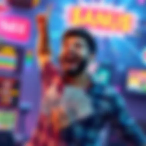 Person Celebrating With Cash A person joyfully holding cash with a gaming backdrop, celebrating a big win from an online gaming platform.