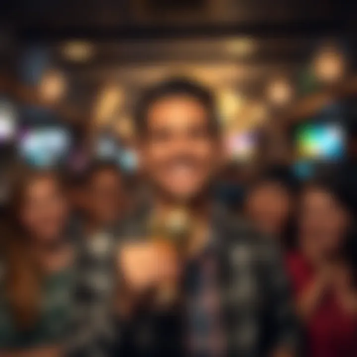 Individual smiling while holding a small trophy to celebrate 9 months of recovery from gambling addiction, surrounded by supportive friends and family.
