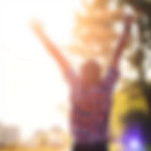 A person joyfully celebrating their recovery from gambling addiction, standing with arms raised in a bright outdoor setting, symbolizing freedom and hope.