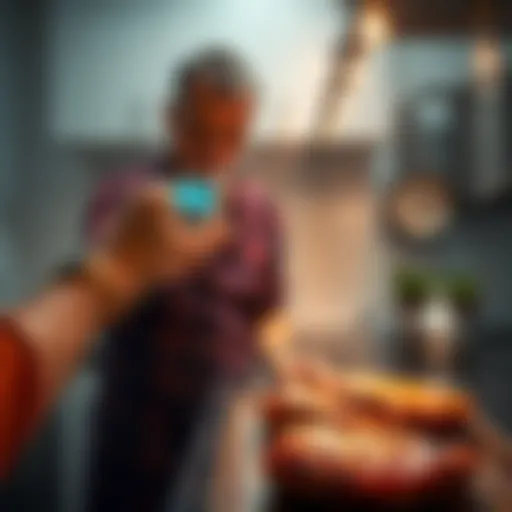 A person checking food temperature A person using a thermometer to check the temperature of cooked meat in a kitchen setting