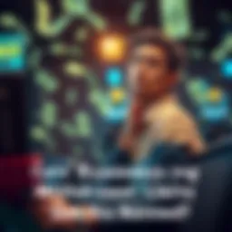 Individual looking concerned while checking online betting account, with cash symbols in the background