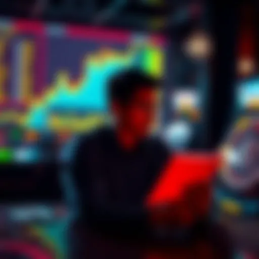 Individual looking at financial charts while battling gambling urges, focusing on maintaining financial discipline.