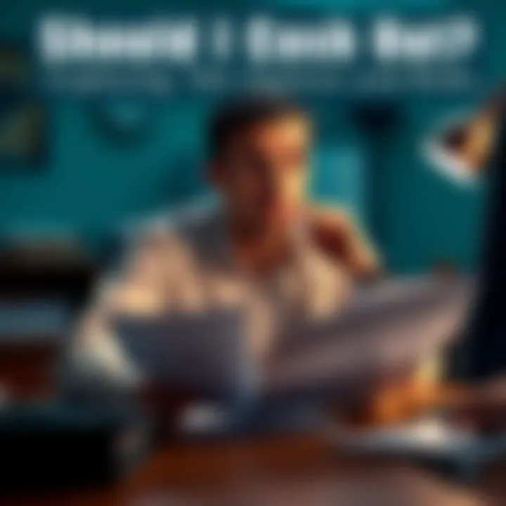 Individual sitting at a desk with financial documents, looking thoughtful about cashing out money