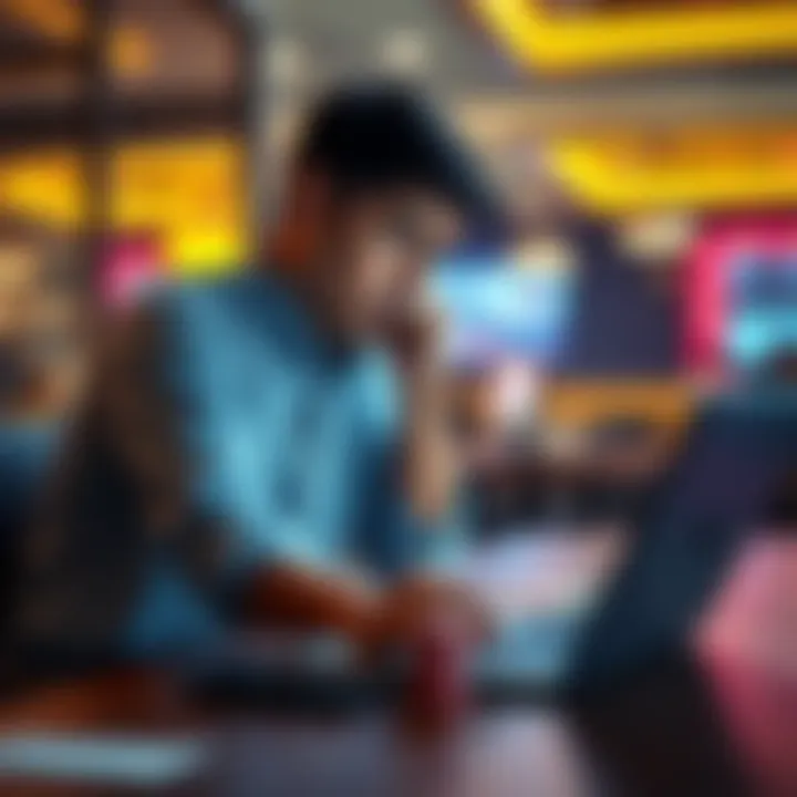 Individual sitting at a table with a laptop and phone, looking frustrated and deep in thought about gambling decisions