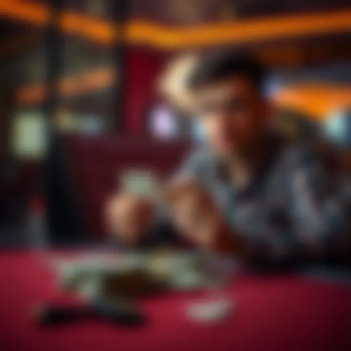 Individual sitting at a table with $5,000 cash, considering gambling options while looking worried.