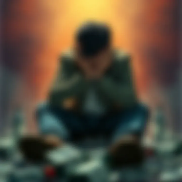 A person sitting alone with their head in their hands, surrounded by bills and empty bottles, showing signs of emotional struggle and hopelessness.