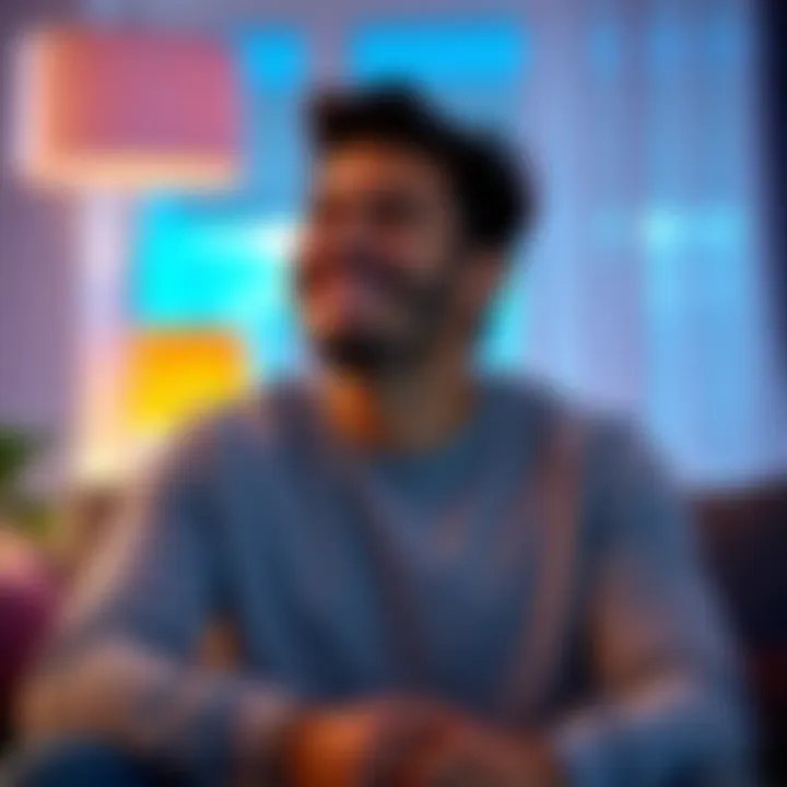 Person finding relief after gambling Individual smiles with a feeling of relief, symbolizing freedom from gambling addiction, sitting in a comfortable home environment.