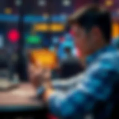 A person sitting at a table, engrossed in playing an online casino game on their smartphone, highlighting easy access to gambling.