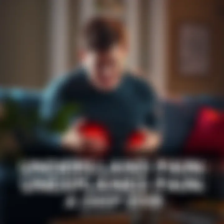 Individual expressing pain while sitting on a couch, with a worried expression on their face