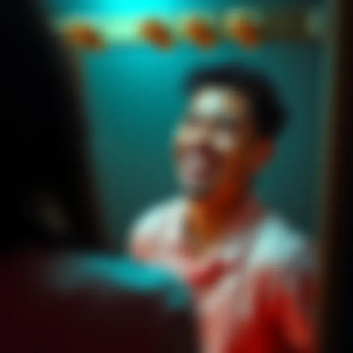 Individual with a playful expression looking at their reflection, capturing the essence of humor and self-acceptance