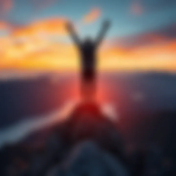 A person with arms raised, celebrating victory on top of a mountain, symbolizing hope and triumph over doubt.