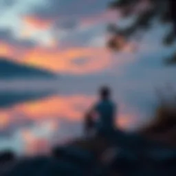 A person sitting peacefully by a lake, reflecting on their journey after quitting gambling, surrounded by nature