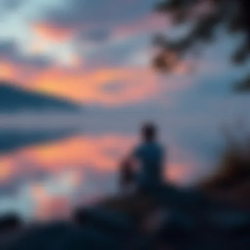 A person sitting peacefully by a lake, reflecting on their journey after quitting gambling, surrounded by nature