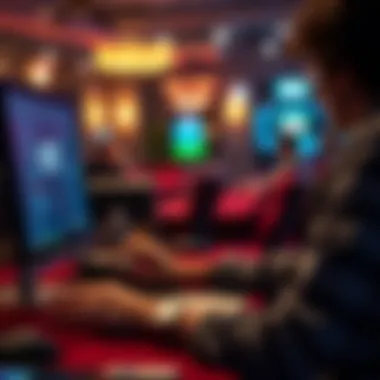 A person focused on a computer screen playing poker with fake money, illustrating online gambling habits.