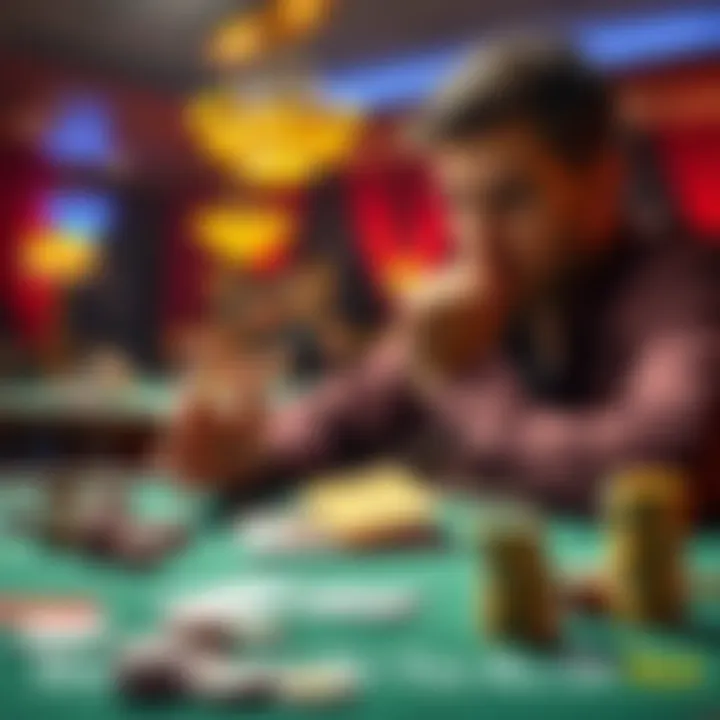 A person sitting at a table, looking at gambling chips and a deck of cards, reflecting on a high-stakes decision