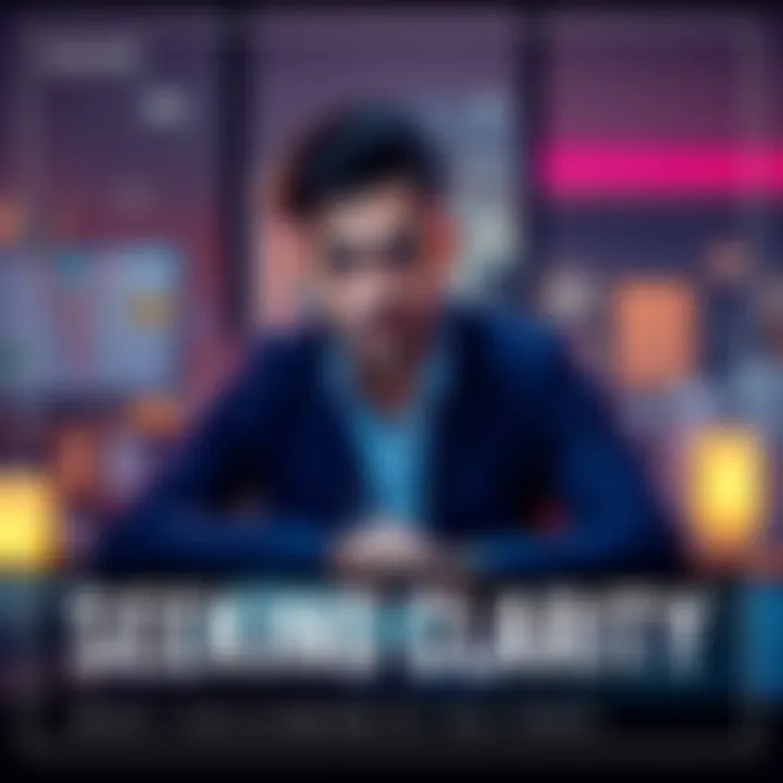 Individual sitting at a desk, looking contemplative with a notepad and pen, representing the search for clarity in personal choices