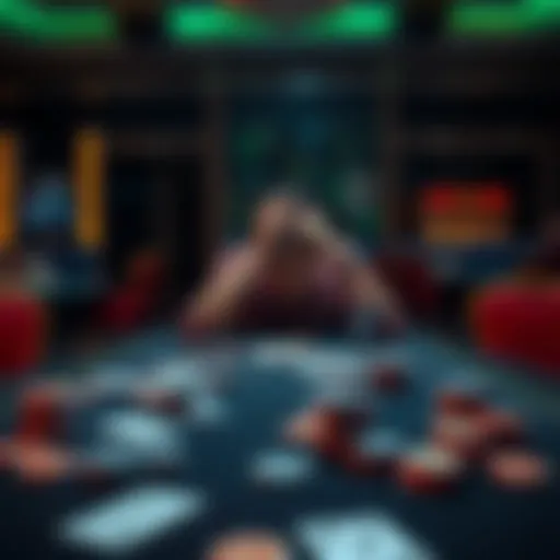 A person sits alone at a table with a look of despair, surrounded by gambling chips and cards, contemplating their financial struggles.