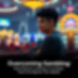 Individual sitting on a bench, looking thoughtful and introspective, with a casino in the background, symbolizing the battle against gambling addiction