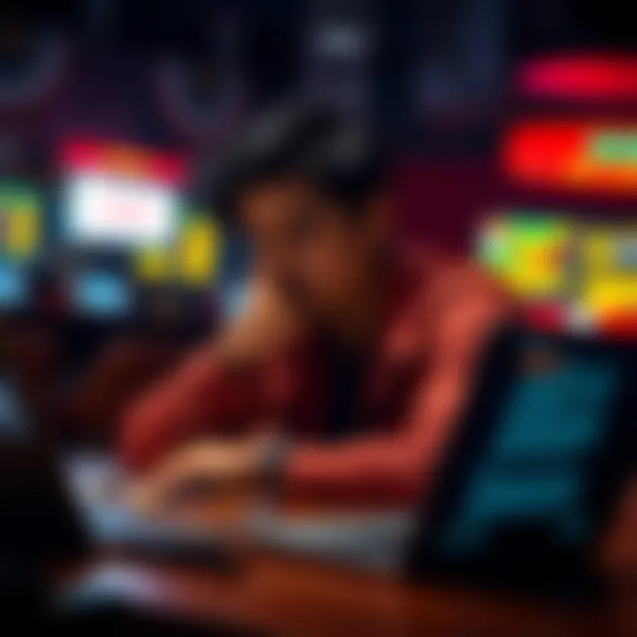 Individual sitting at a table, deep in thought about their gambling habits, with a laptop showing promotional emails ignored in the background.