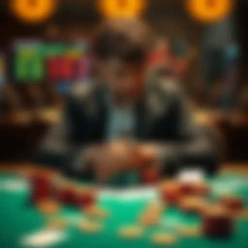 A person sitting alone at a table, looking stressed and contemplative, surrounded by gambling chips and cards, symbolizing the struggle with gambling addiction and relapse.