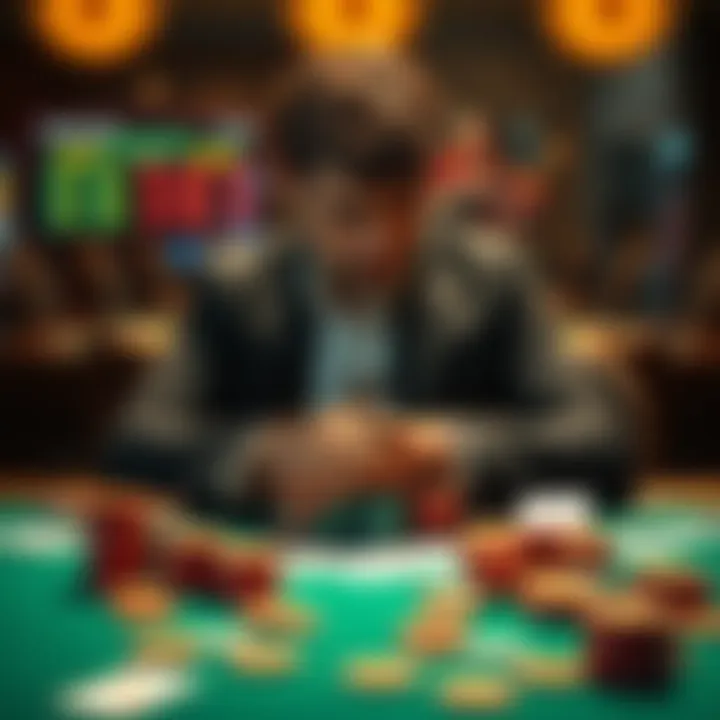 Person Reflecting on Gambling Issues A person sitting alone at a table, looking stressed and contemplative, surrounded by gambling chips and cards, symbolizing the struggle with gambling addiction and relapse.