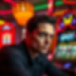 Individual looking contemplative with gambling chips and a slot machine in the background
